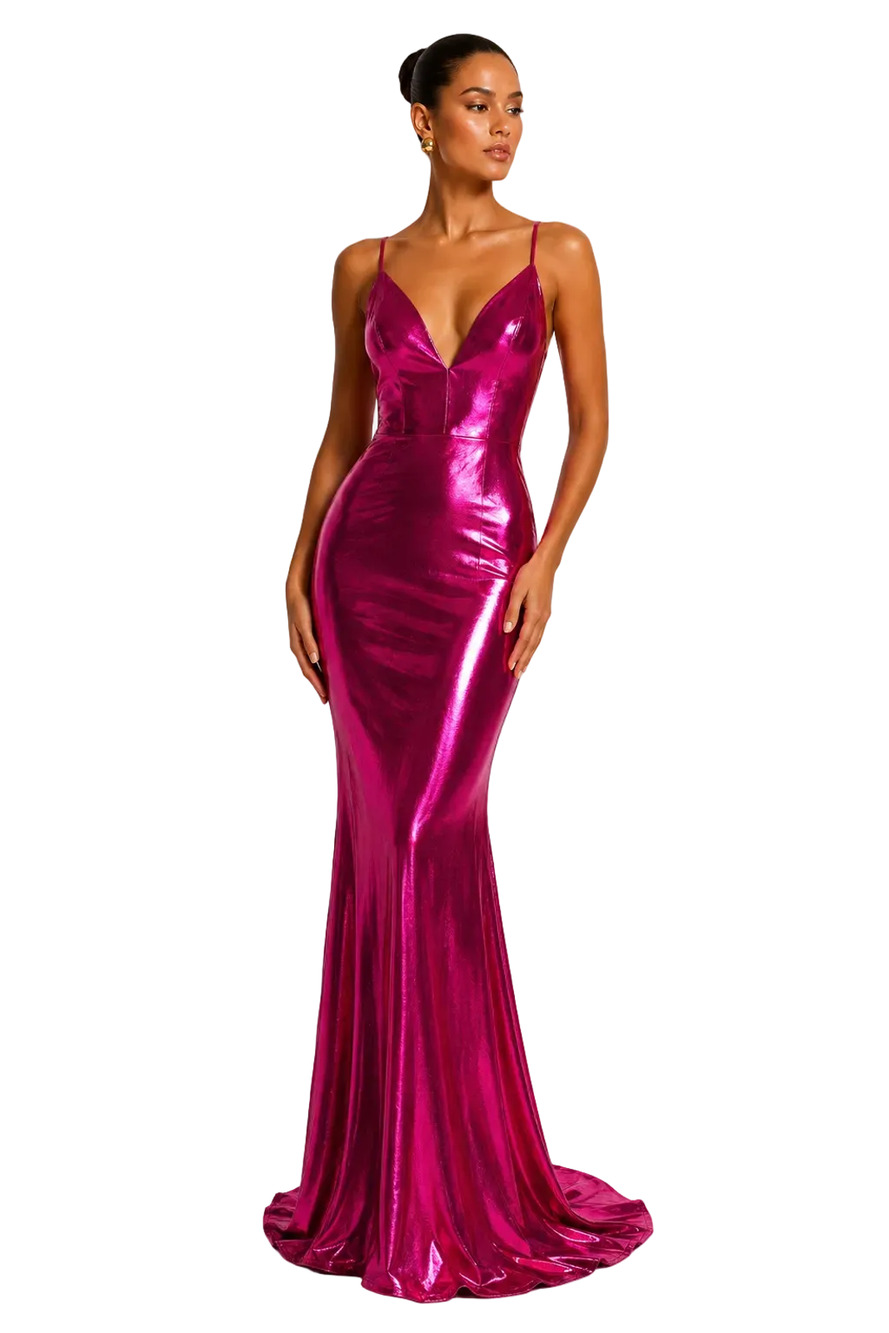 Portia & Scarlett Metallic Pink Plunging V-Neck Mermaid Gown Size 6